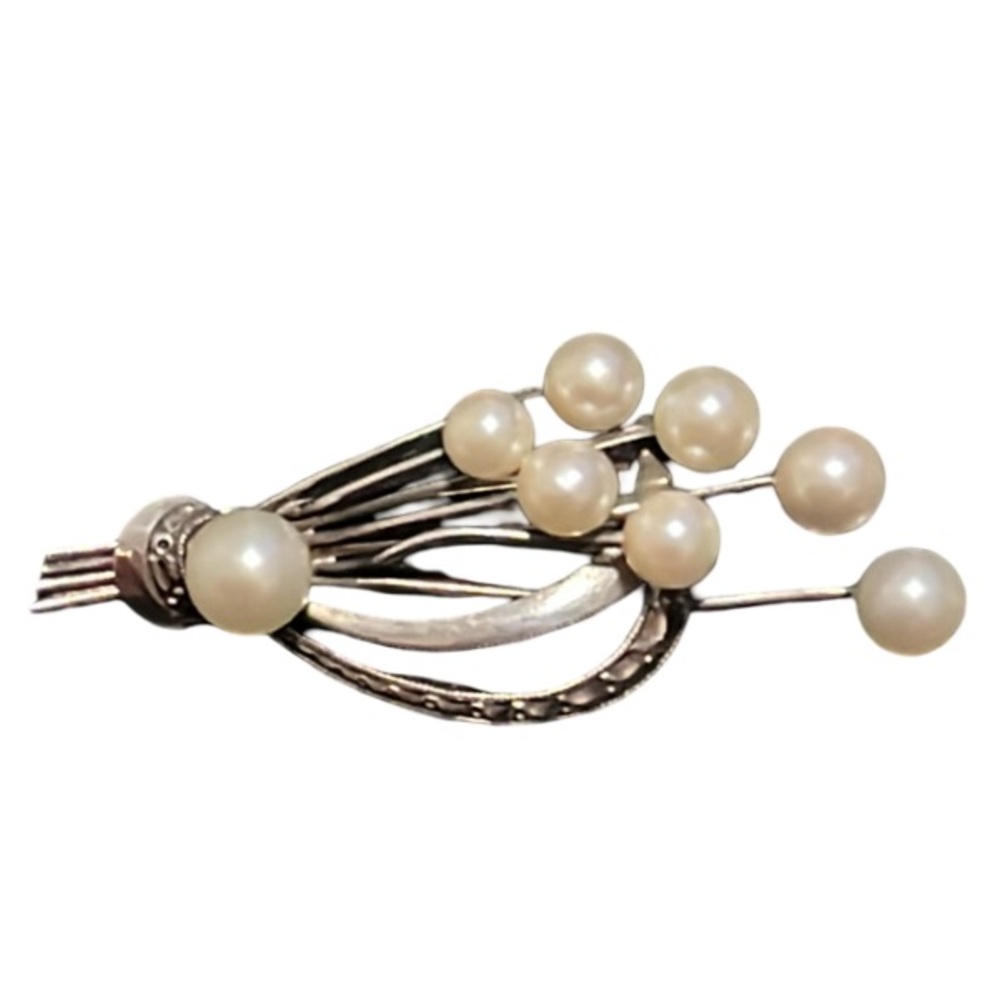 Vintage Art Deco Sterling Silver and Genuine Pearl Floral Brooch